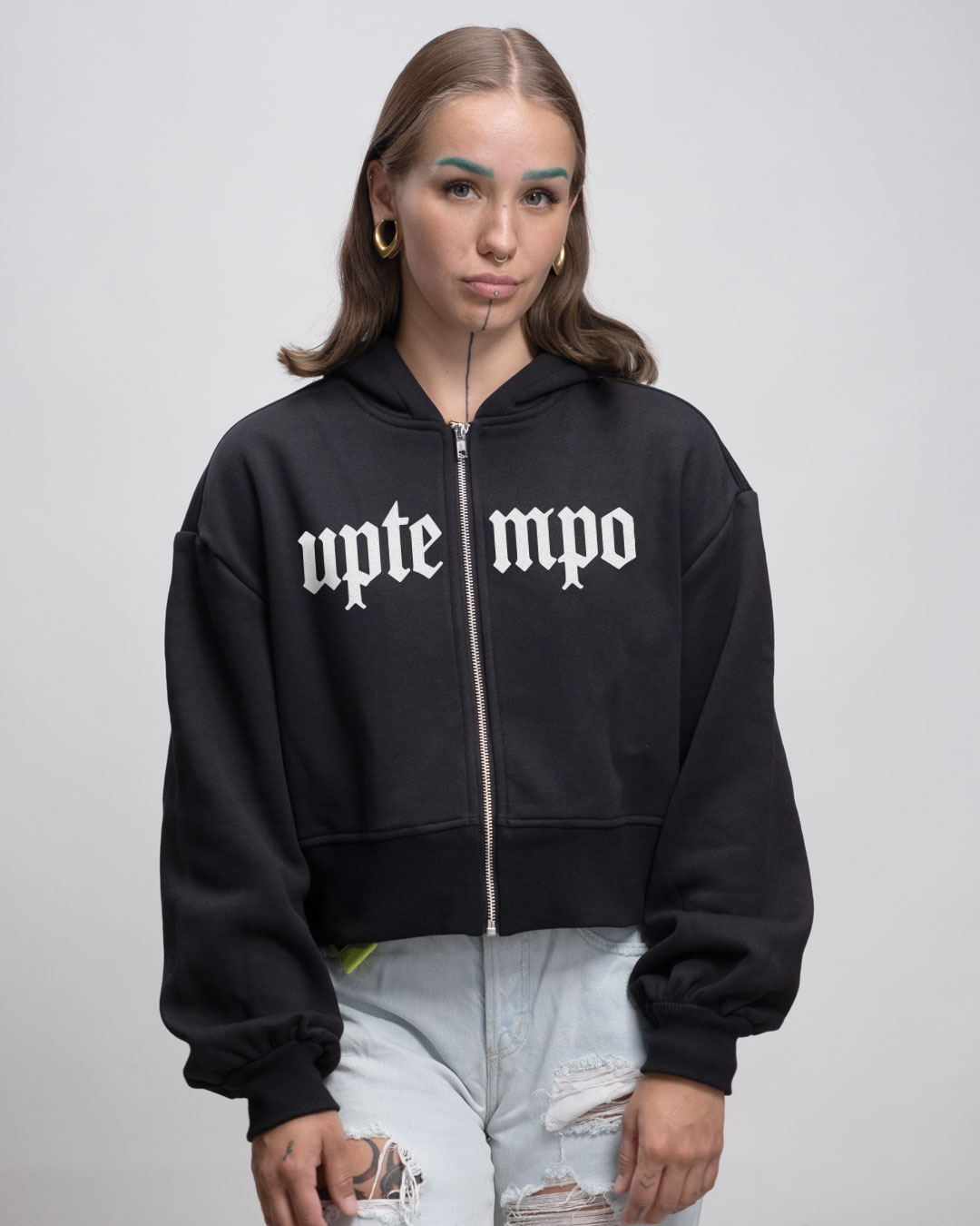Uptempo - Oversized Crop Sweat-Jacke mit Reißverschluss