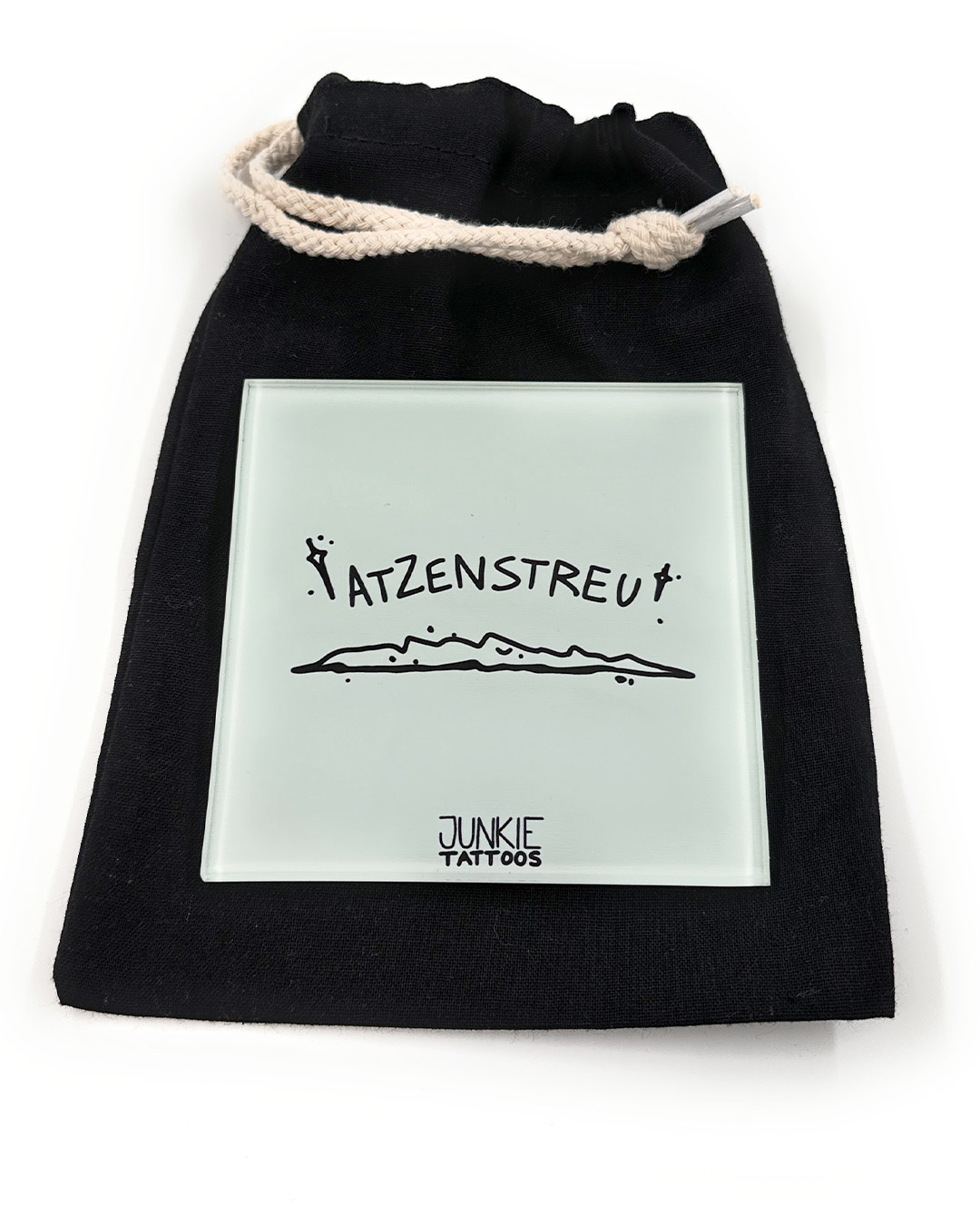 10cm Atzenstreu - Robustes Echtglas Brettchen, 10x10cm, mit Stoffsäckchen - Junkie Tattoos