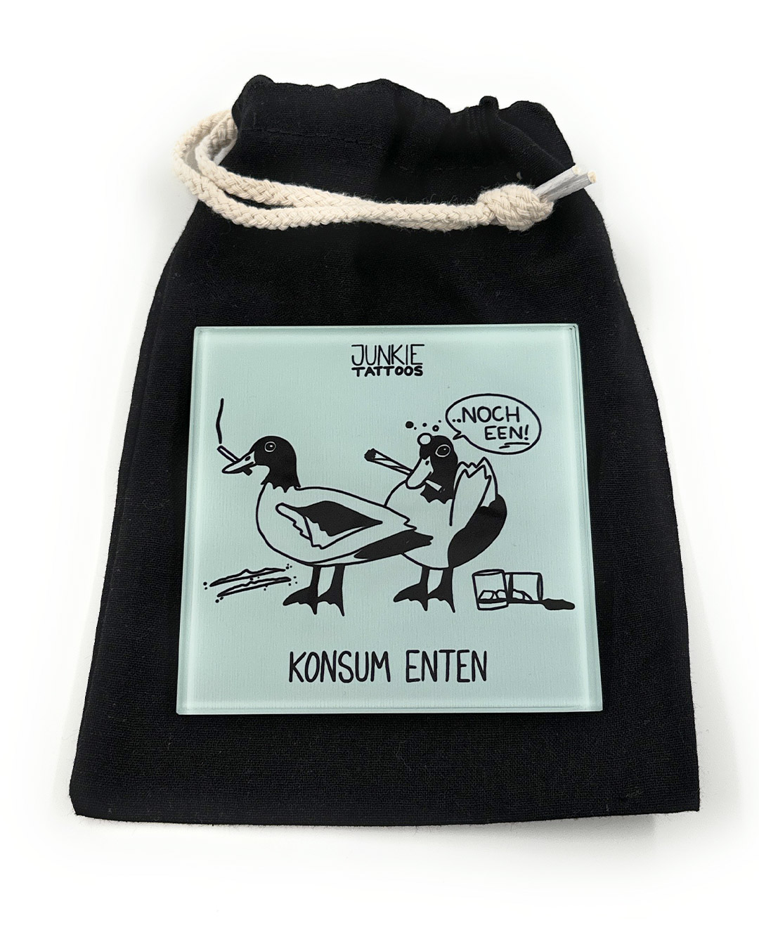 10cm Konsum Enten - Robustes Echtglas Brettchen, 10x10cm, mit Stoffsäckchen - Junkie Tattoos