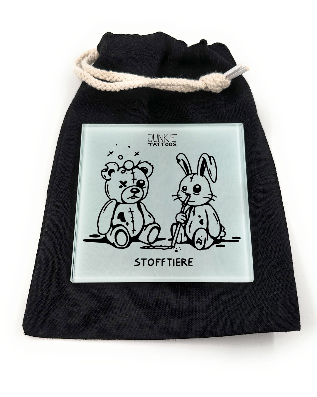 Stofftiere - Robustes Echtglas Brettchen, 10x10cm, mit Stoffsäckchen & Kartenhalter - Junkie Tattoos
