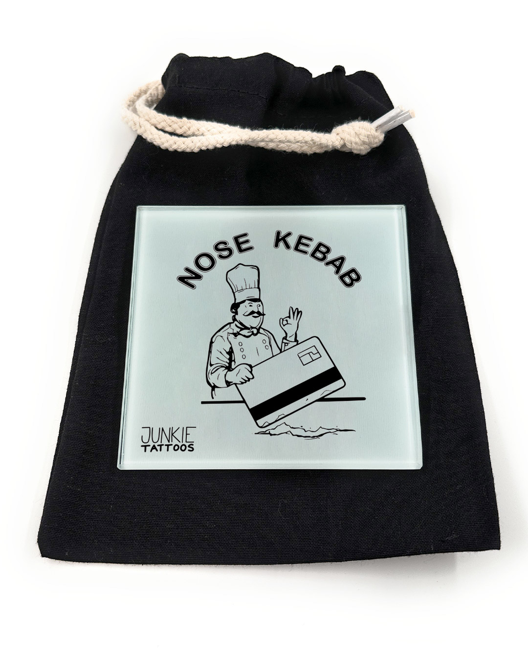 Nose Kebab - Robustes Echtglas Brettchen, 10x10cm, mit Stoffsäckchen & Kartenhalter - Junkie Tattoos