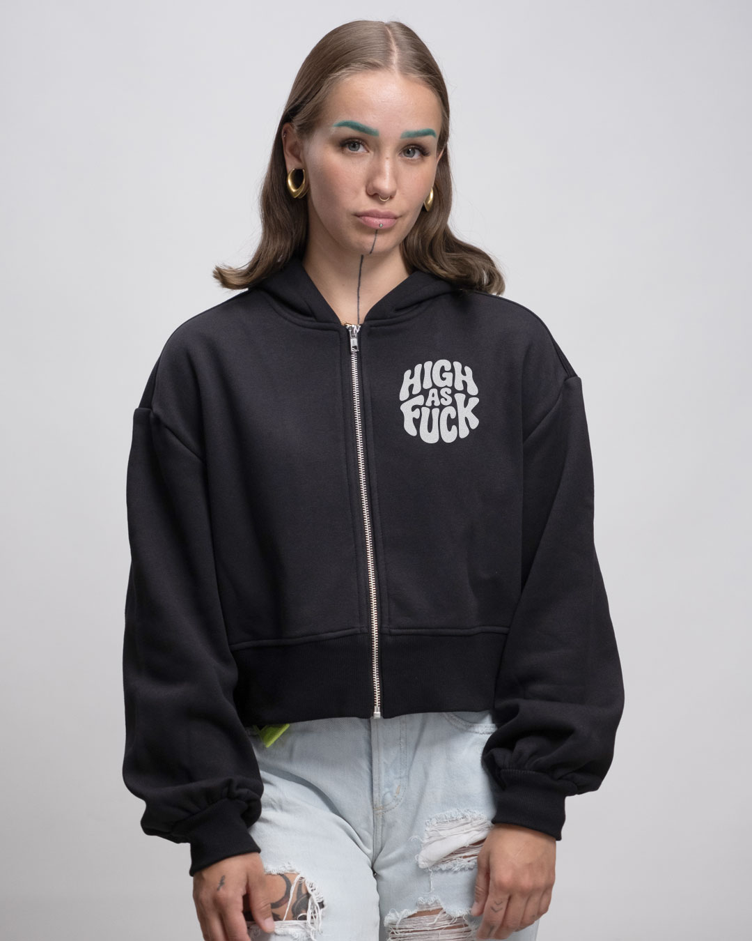 High as fuck - Oversized Crop Sweat-Jacke mit Reißverschluss
