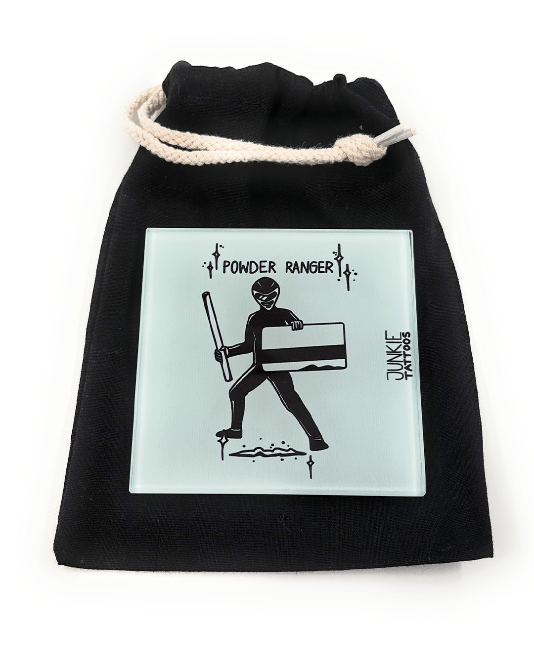 10cm Powder Ranger - Robustes Echtglas Brettchen, 10x10cm, mit Stoffsäckchen - Junkie Tattoos