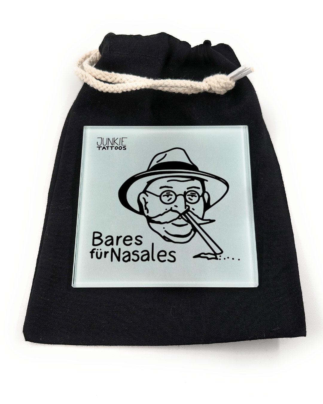 Bares für Nasales - Robustes Echtglas Brettchen, 10x10cm, mit Stoffsäckchen & Kartenhalter - Junkie Tattoos