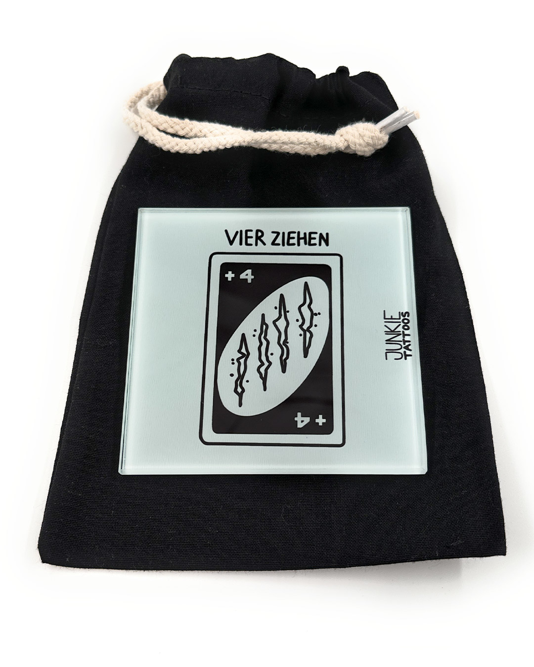 10cm 4 Ziehen - Robustes Echtglas Brettchen, 10x10cm, mit Stoffsäckchen - Junkie Tattoos