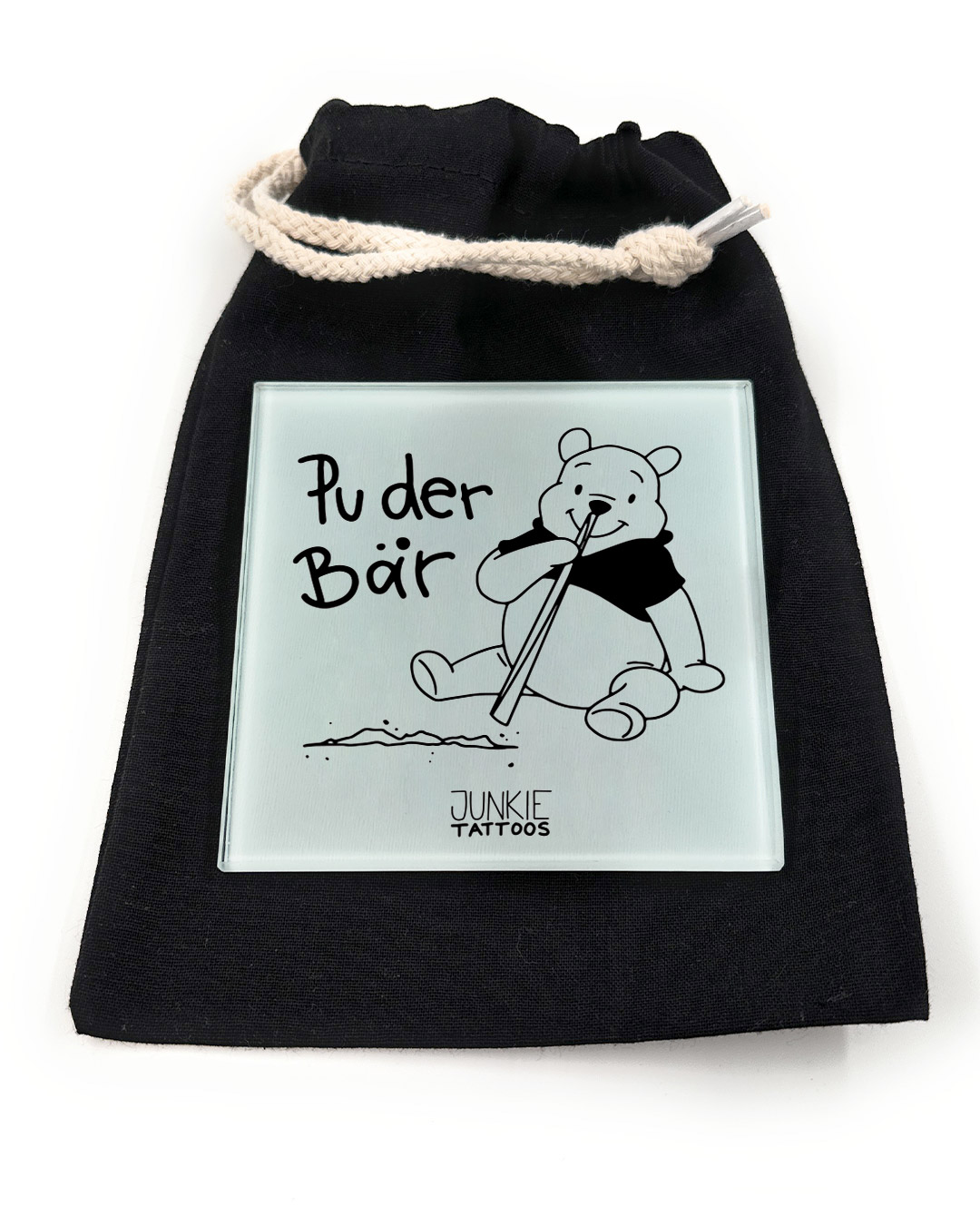 Puder Bär - Robustes Echtglas Brettchen, 10x10cm, mit Stoffsäckchen & Kartenhalter - Junkie Tattoos